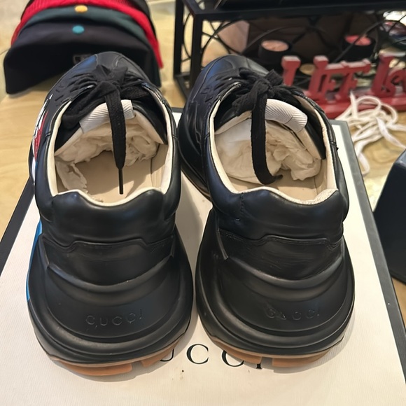 GUCCI SNEAKERS MENS BLACK LEATHER RHYTON WEB (Chas) - Picture 4 of 6
